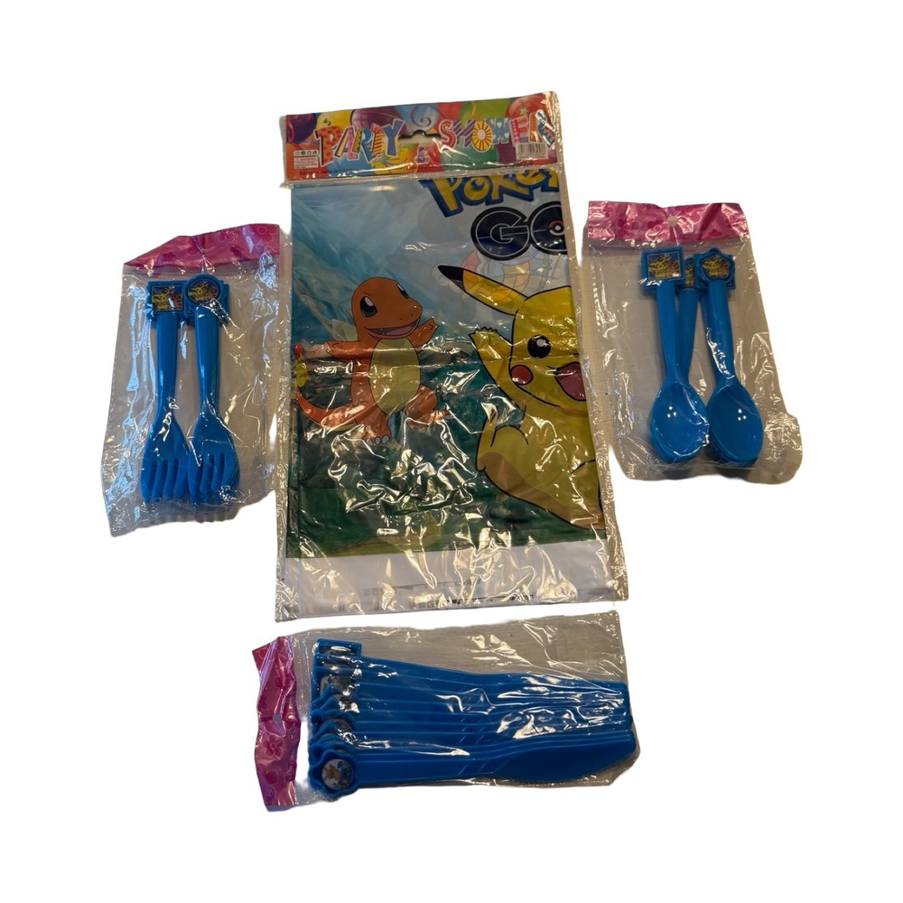 Pokemon Party Supplies Set Pikachu Tablecloth‎ Blue Plastic Forks Spoons Knives